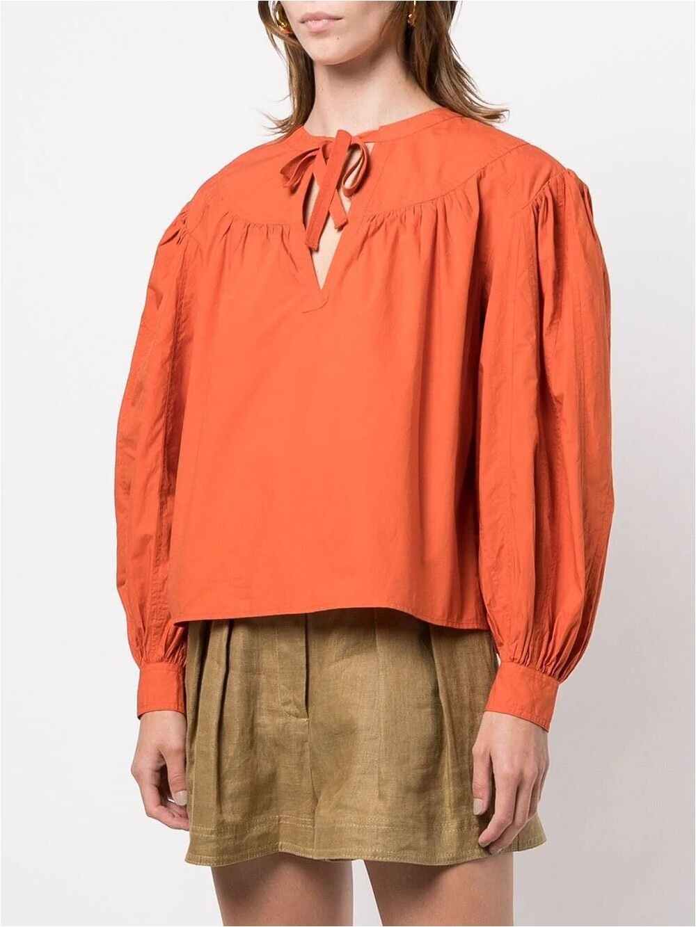 ULLA JOHNSON Delaney Cotton-Poplin Blouse Coral Top Billowing Balloon Sleeve 6